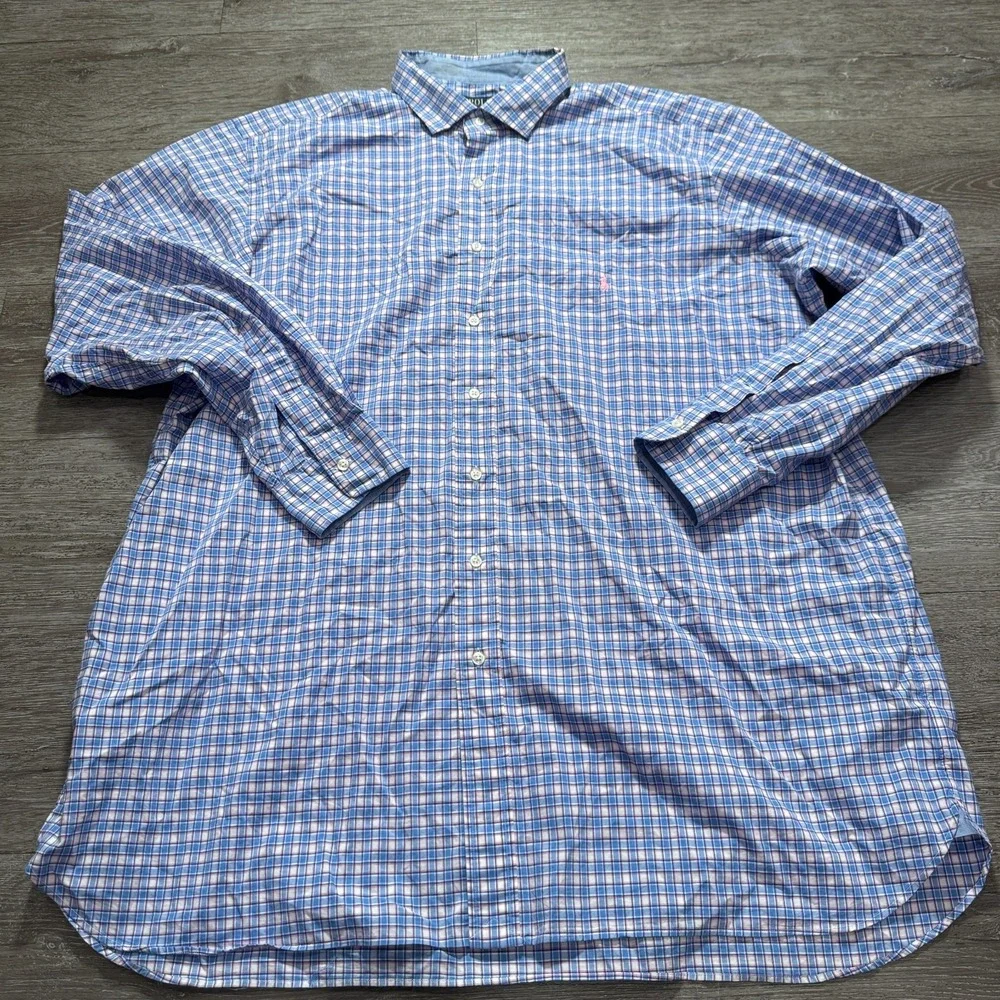 Polo Ralph Lauren Shirt Mens 2XLT Blue Plaid Pink Pony Stretch Cotton Preppy SEO